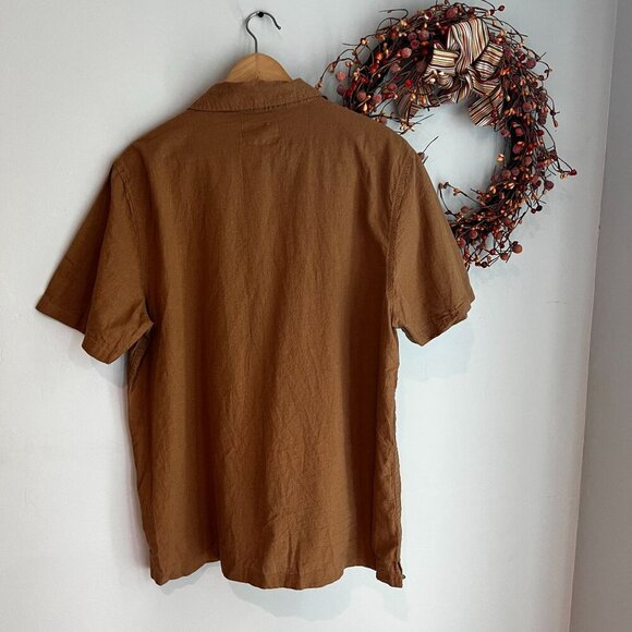 Folk Men's Maze Short Sleeve Chain Stitch Embroidery Shirt LARGE Tan Linen Blend - Picture 6 of 10